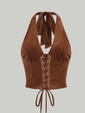 NWT SHEIN MOD Lace-Up Corduroy Halter Top